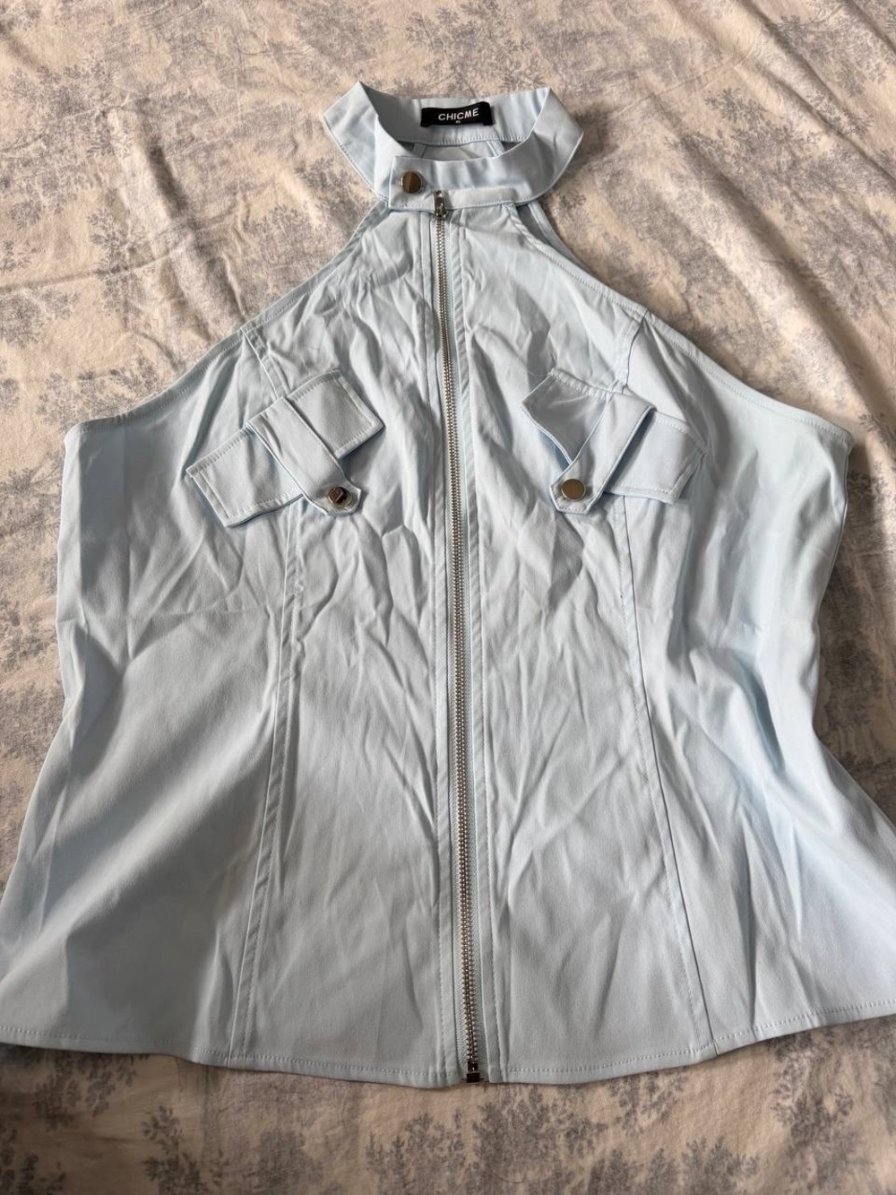 ChickMe light blue cargo halter top with front zipper utility pocket details XL